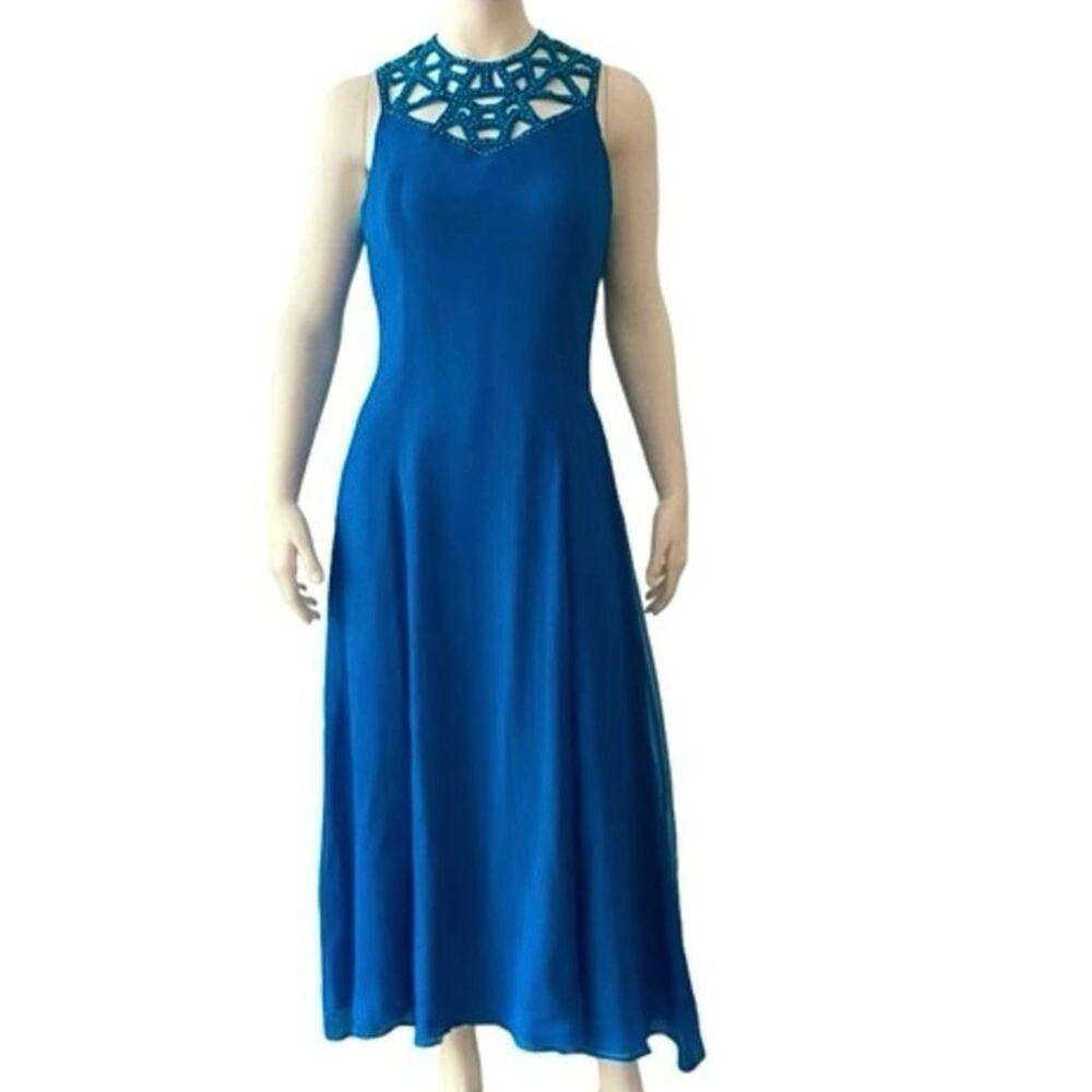 VTG Tiffany Designs 100% Silk Beaded Halter Maxi Dress Teal Blue Sz 8 / 10 M